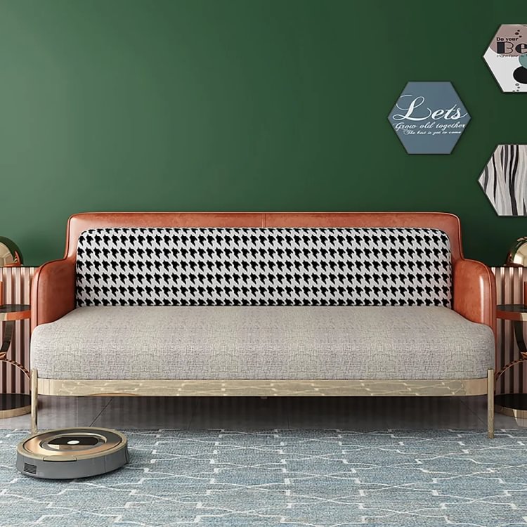 Homemys Retro cotton & linen upholstered sofa 3-seater sofa stainless steel frame with golden legs