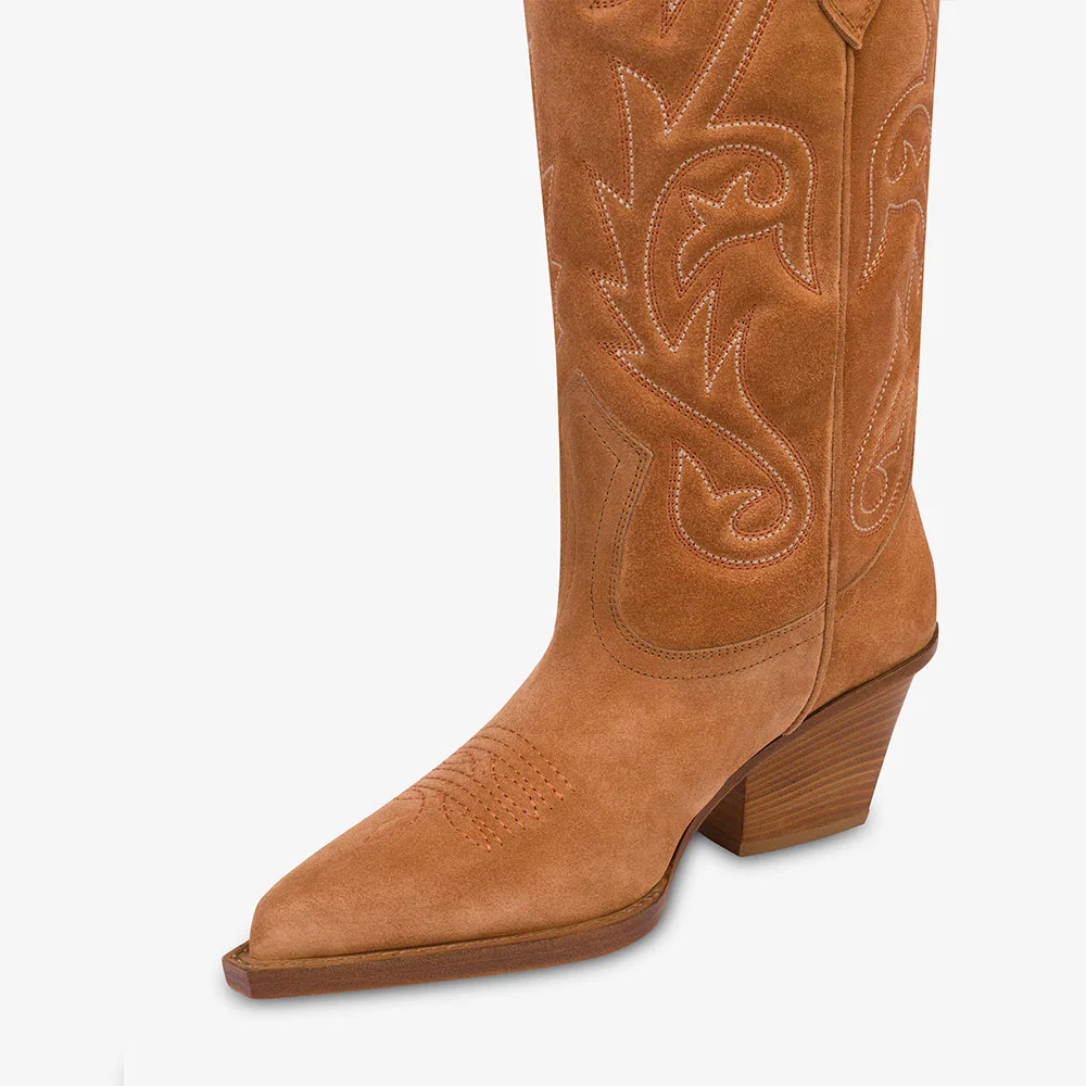 Brown Vegan Suede Chunky Heel Pointed Toe Mid-Calf Cowgirl boots