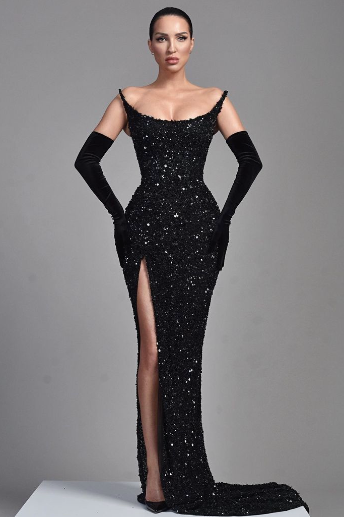 Elegant Black Long Evening Dress With Sequins Half Sleeves Slit YL0055
