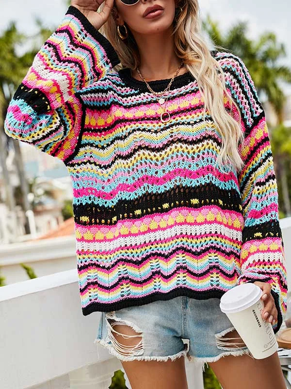 4 Colors Loose Contrast Color Round-Neck Sweater Top