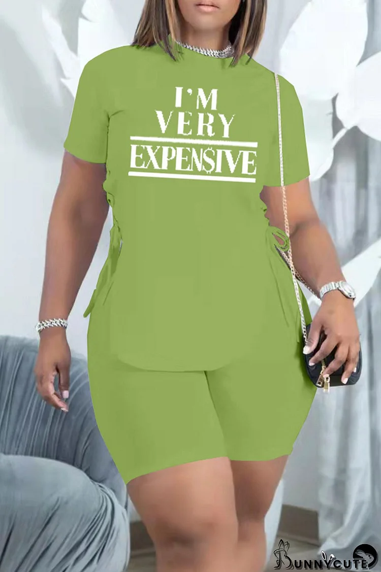 Fruit Green Fashion Casual Letter Print Bandage O Neck Short Sleeve Two Pieces