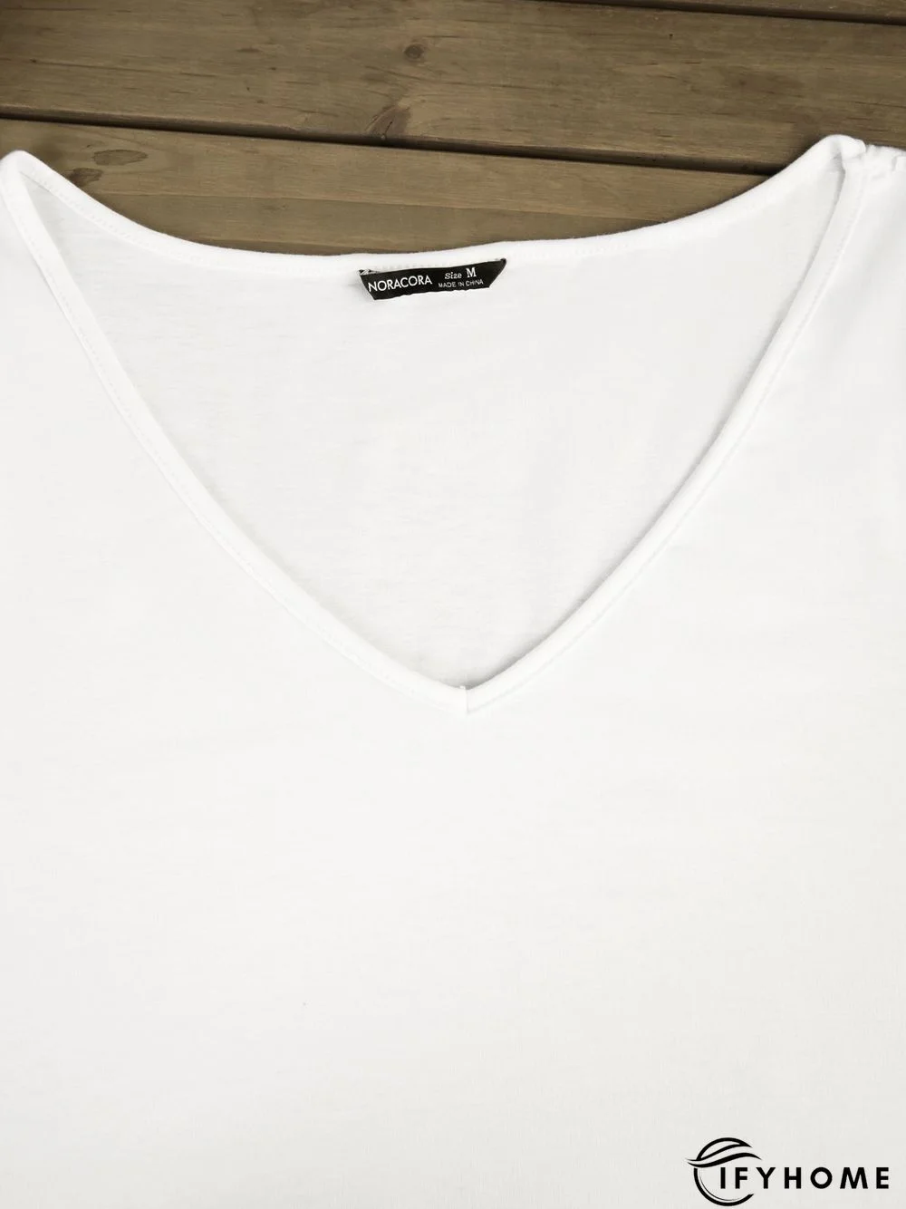 Women's White V neck Plain Cotton Blend Short Sleeve Casual Tunic T-Shirt | IFYHOME