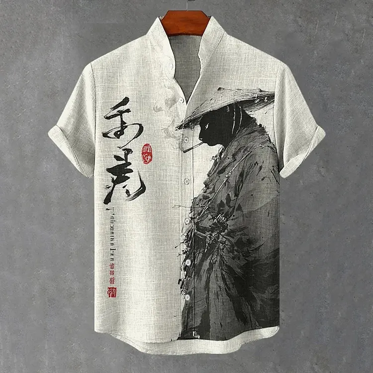 Men's Retro Japanese Samurai Cat Pattern Casual Linen Short-sleeve Shirt