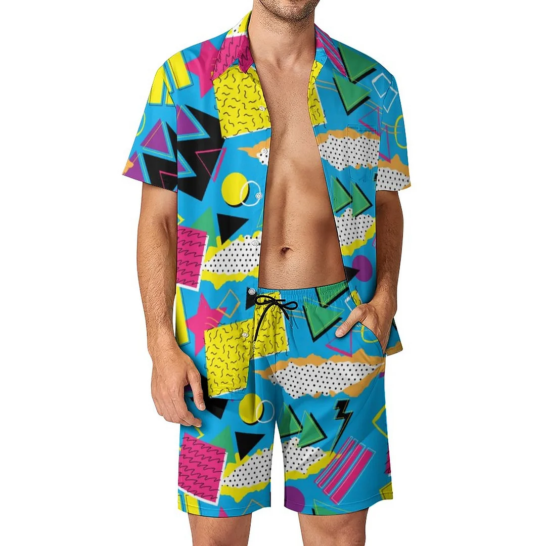 Memphis Style 80S Geometric Bright Color Men Hawaiian Button Down 2 Piece Shirt Shorts Set Beach Tropical Hawaii Suits