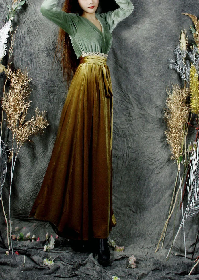 Elegant Peacock Green V Neck Lace Patchwork Silk Velvet Shirt Lantern Sleeve
