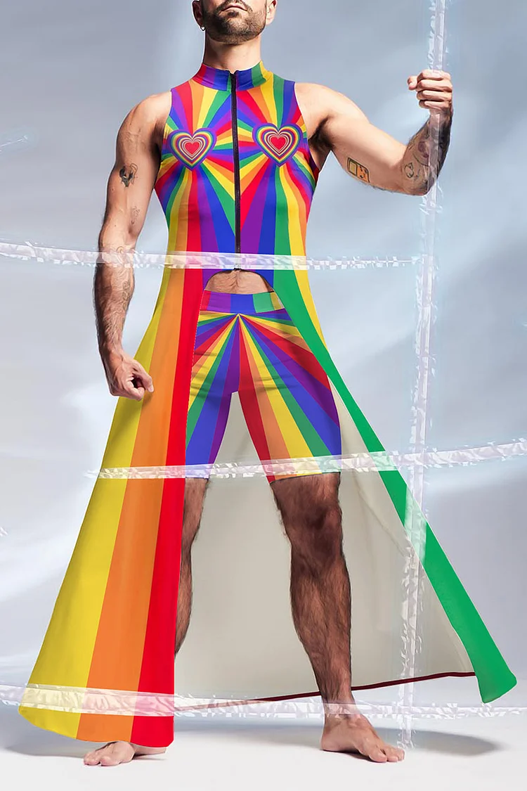 Rainbow Stripe Heart Print Zipper Duster Vest Top Shorts Two Piece Set