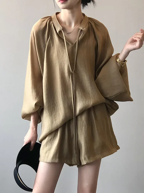 Split-Joint Solid Color  Sun Protection Tied V-neck Long Sleeves Top + Shorts Two Pieces Set
