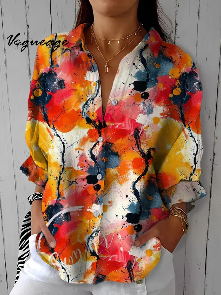 Bright And Elegant Creative Painting Printed Cotton And Linen Shirt