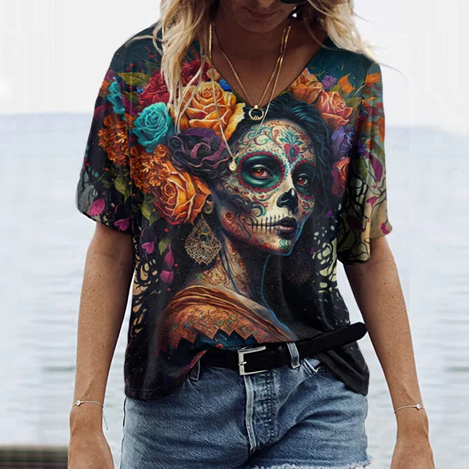 Day Of The Dead Printed V-Neck Short Sleeved T-Shirt