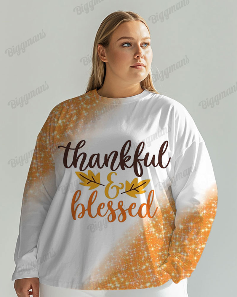 Women's Plus Shiny Thankful & Blessed Print Long Sleeve T-shirt
