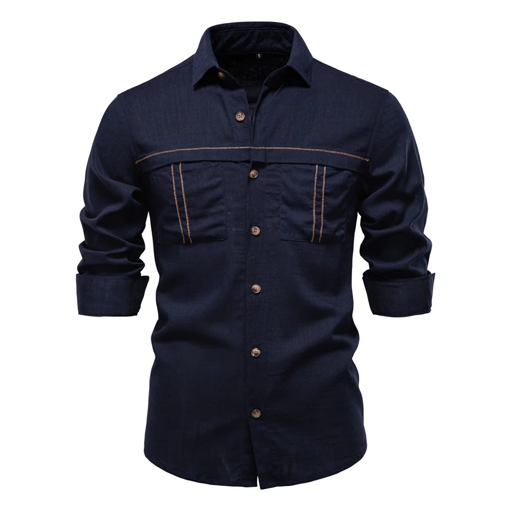 Men's 2025 Casual Shirt Solid Color Pocket Long-sleeved Business Shirt Dad's Shirts Boyfriend Gift Cotton Linen