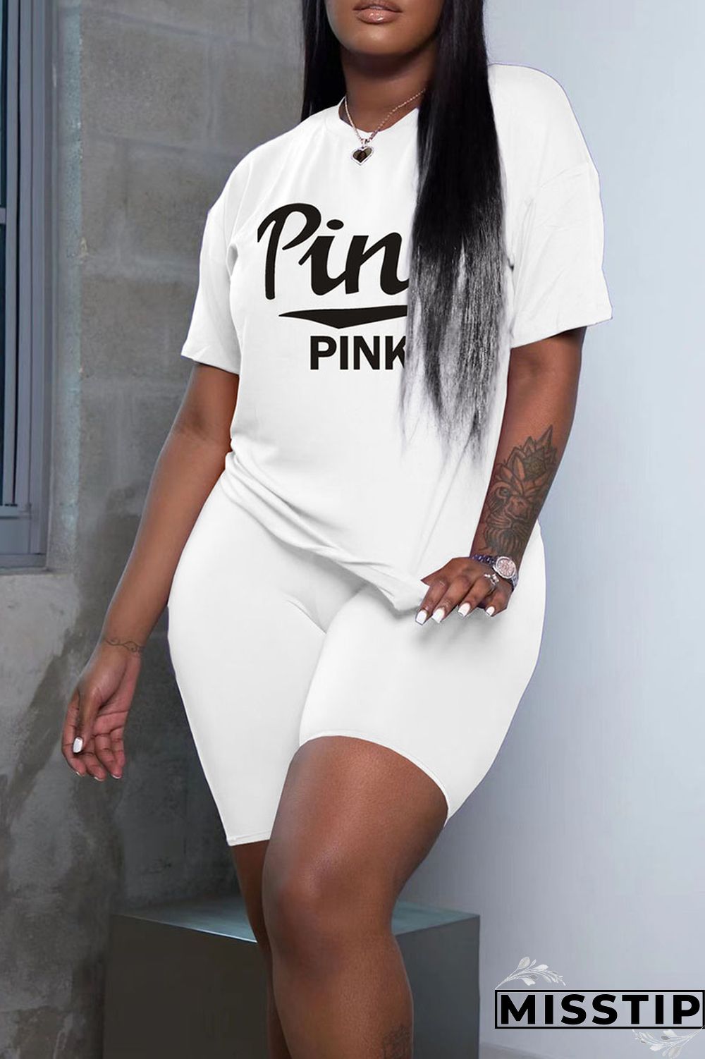 White Casual Print Patchwork O Neck Short Sleeve Two Pieces