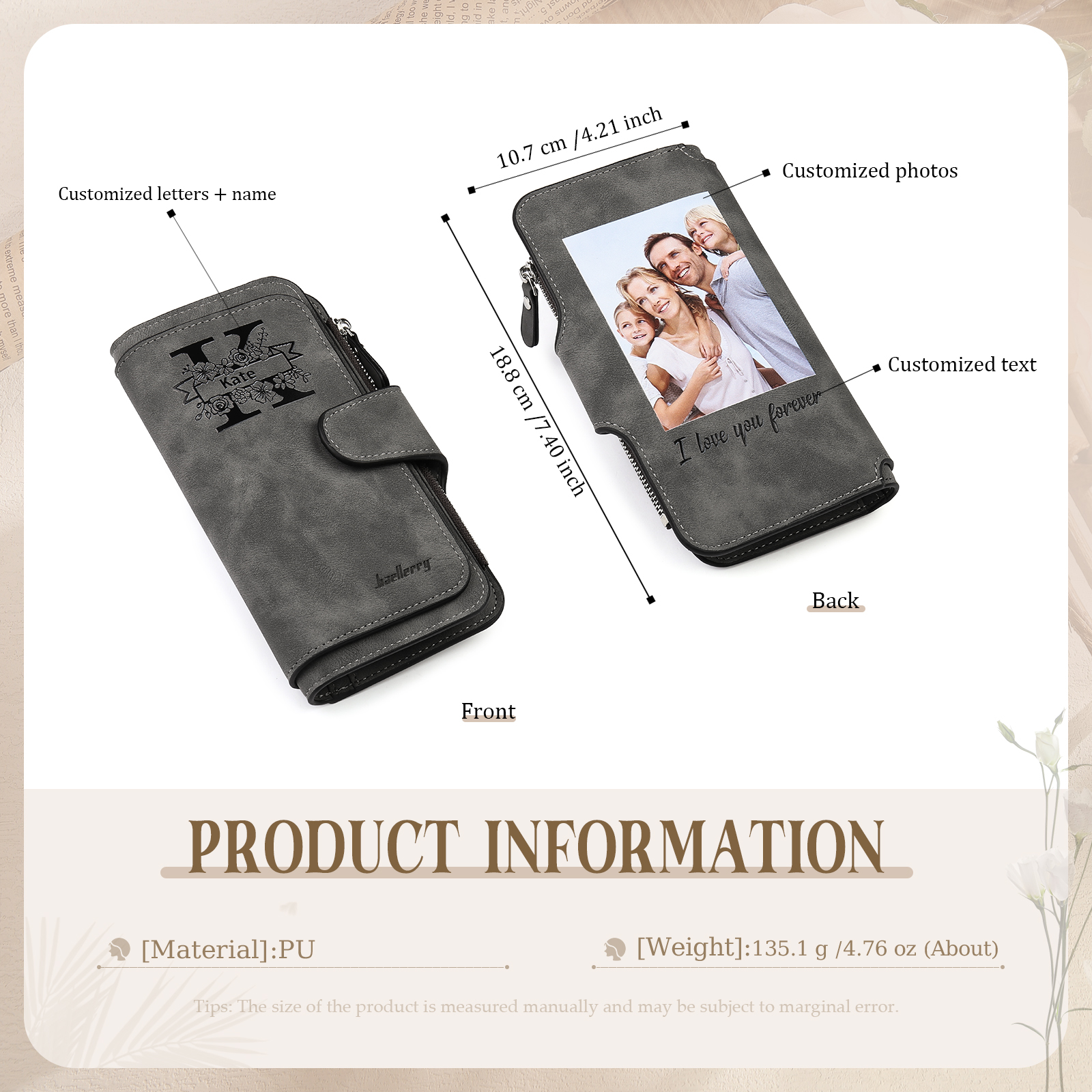 Portafoglio in PU pelle con 1 letetra & 1 testo & 1 nome & 1 foto personalizzati per mamma/nonna