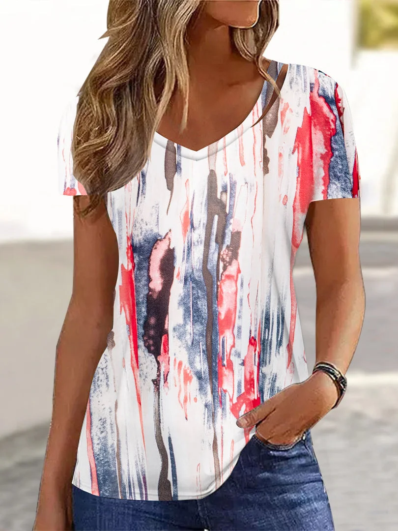 Women Short Sleeve V-neck Graphic Printed Tops