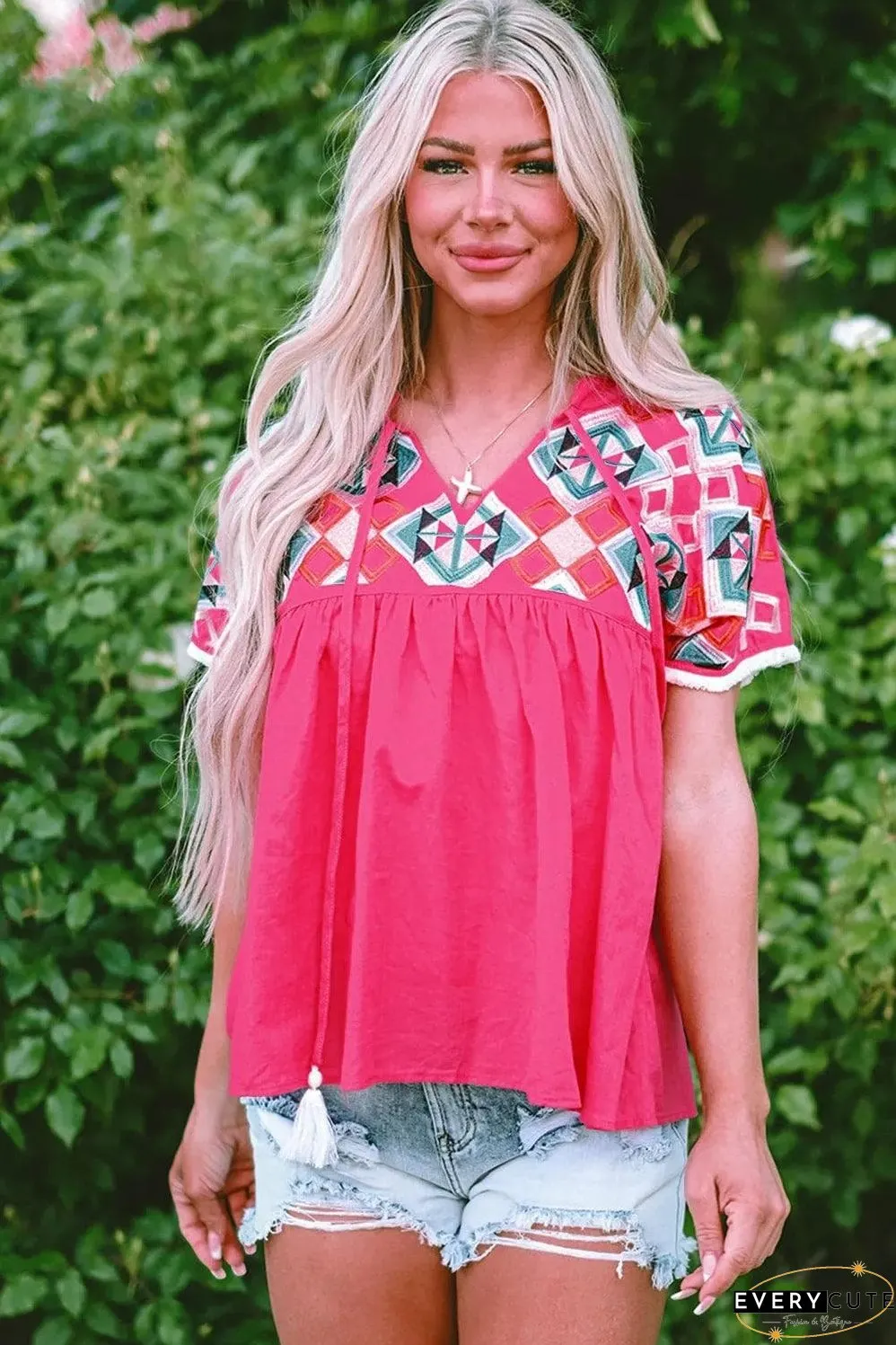 Strawberry Pink Geometric Embroidered Tassel Tie V Neck Blouse