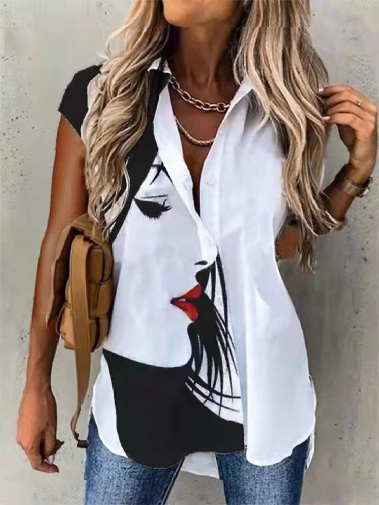 Women Short Sleeve Shirt Collar Printed Graphic Button Top Shirts