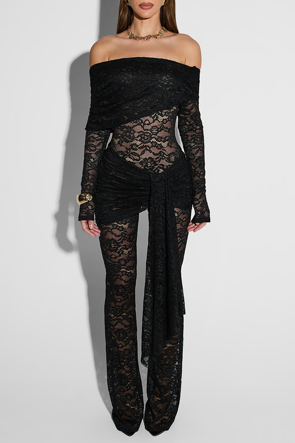 Floral Lace Off Shoulder Long Sleeve Tie Up Sash Jumpsuit-Black