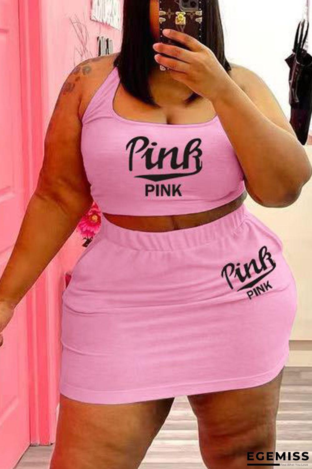 Pink Casual Print Patchwork U Neck Plus Size Two Pieces | EGEMISS