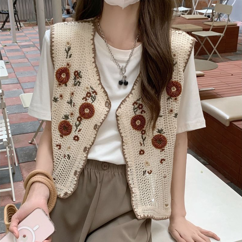 Women's Fashion Embroidered Vintage Knitted Crochet Hollow Sweater Vest Top