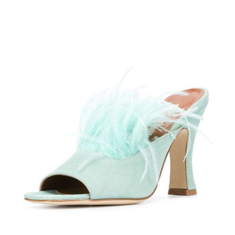GOOSHOE Cyan Suede Feather Open Toe Spool Heel Mules High Heel Sandals