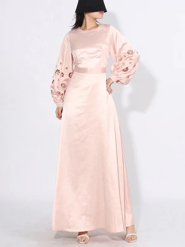 Solid Color Hollow Puff Sleeves Loose Round-Neck Maxi Dresses
