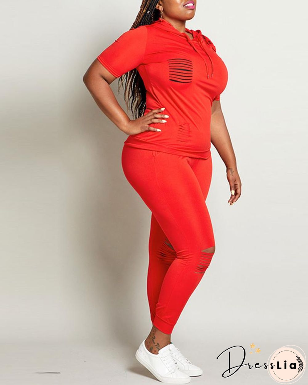 Solid Ladder Cutout Hooded Top & Pants Set