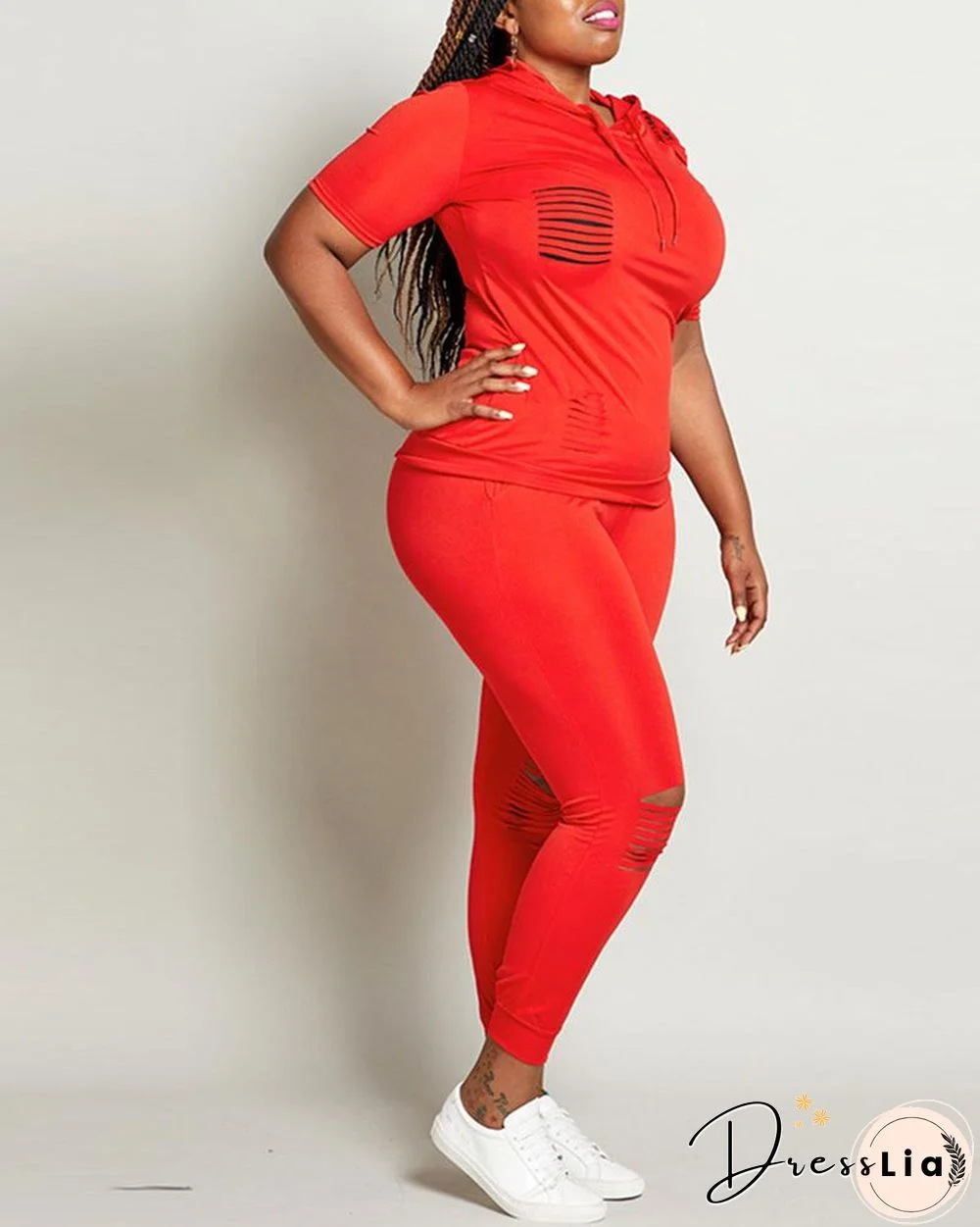 Solid Ladder Cutout Hooded Top & Pants Set