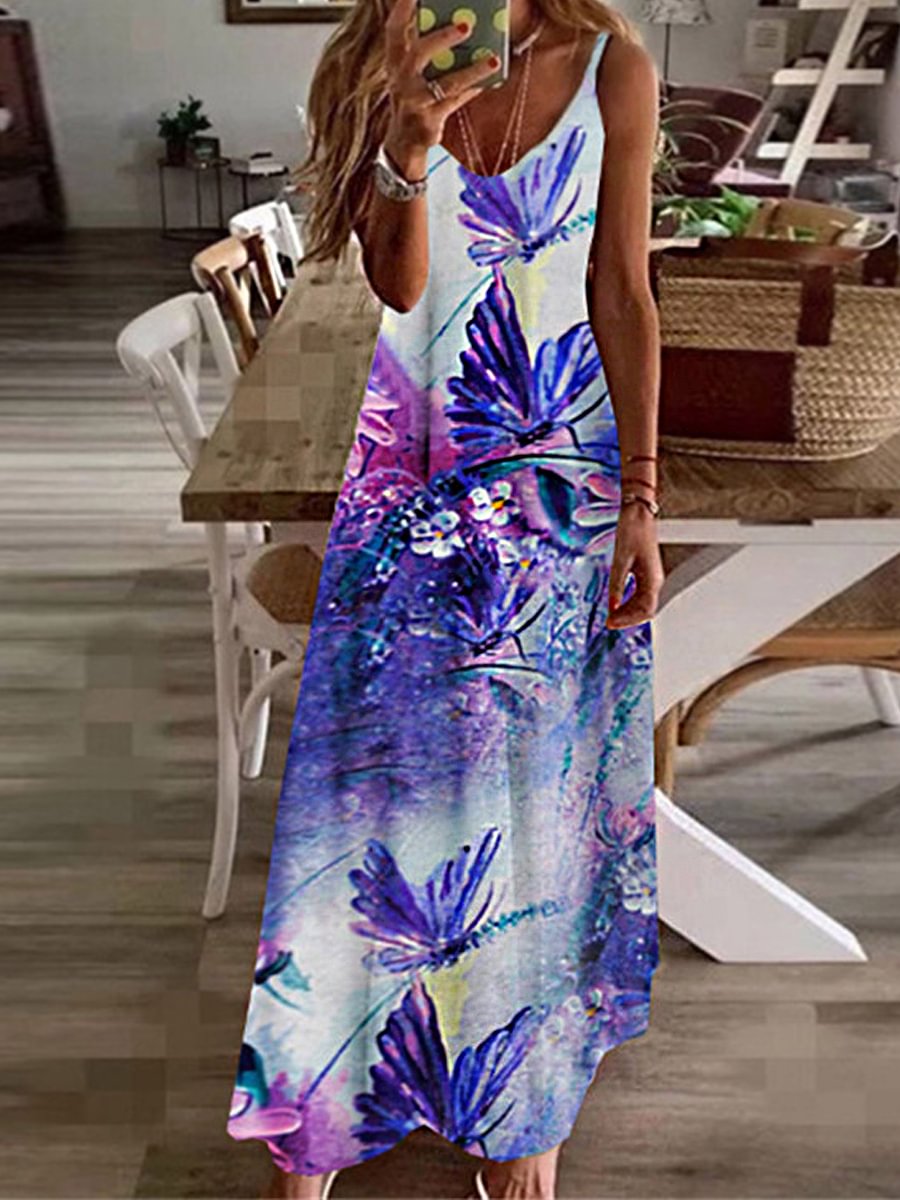 Casual Butterfly Floral Print Sleeveless Sling Maxi Dress