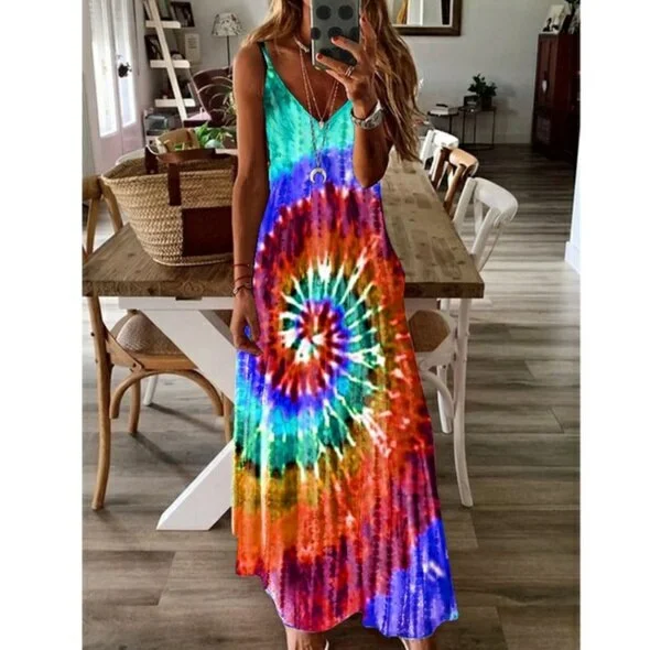 Women Rainbow Print Dress Casual Spaghetti Strap V-Neck Colorful Maxi Dress Sexy Tie Dyeing Printed Plus Size Female Long Dress