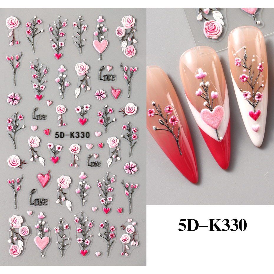 Bonusbad 5D Purple Flower Nail Embossed Sticker Rose Blossom Floral Love Heart Adhesive Decal Valentine's Manicure Slider DIY Accessories