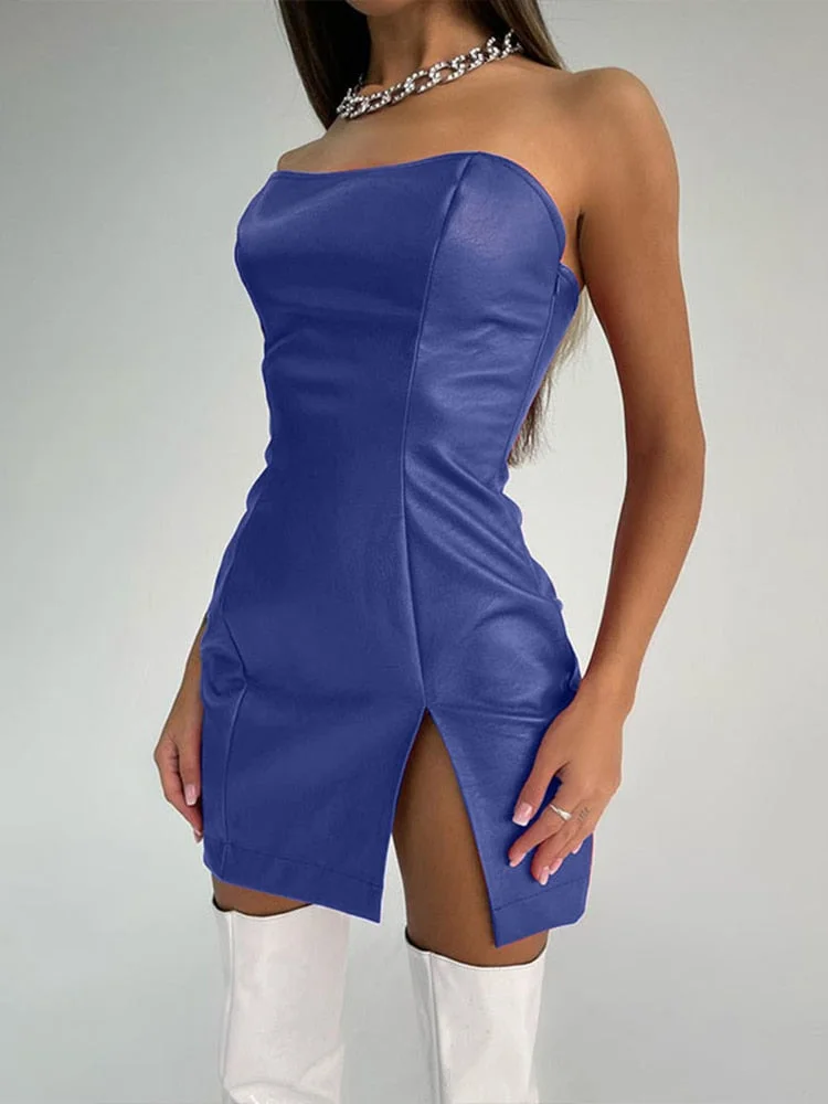 JacuqeLine Summer 2022 Sexy Club Strapless Bodycon Dress Women Mini PU Leather 90s Street Fashion Y2K Party Dresses Backless