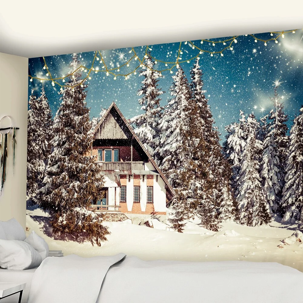 Christmas Village Wooden House Tapestry Ice And Snow Style Wall Hanging Merry Christmas Tapestry For Home Deco Christmas Gift