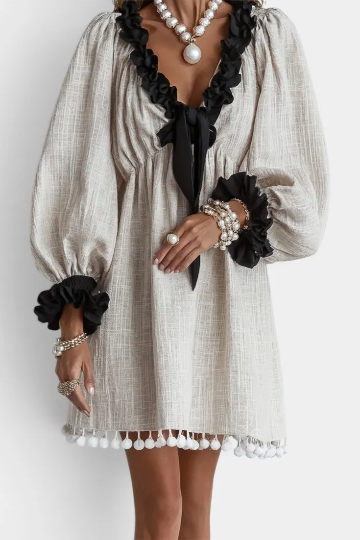 Mini Dress with Ruffled Neckline & Balloon Sleeves