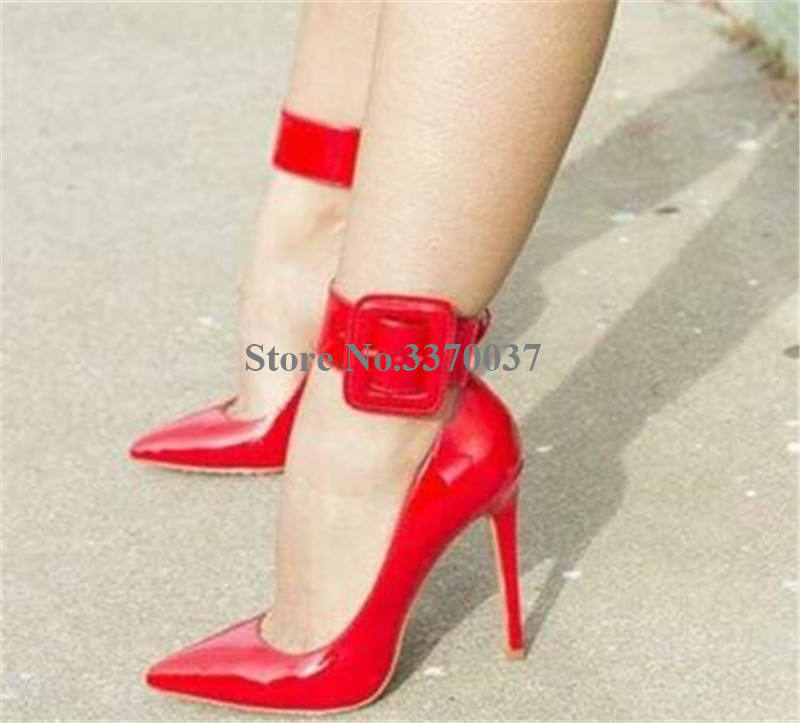VCSHOES Women Pointed Toe Patent Leather Stiletto Heel Red Pumps Big Buckle Decorated High Heels Wedding Heels Shoes