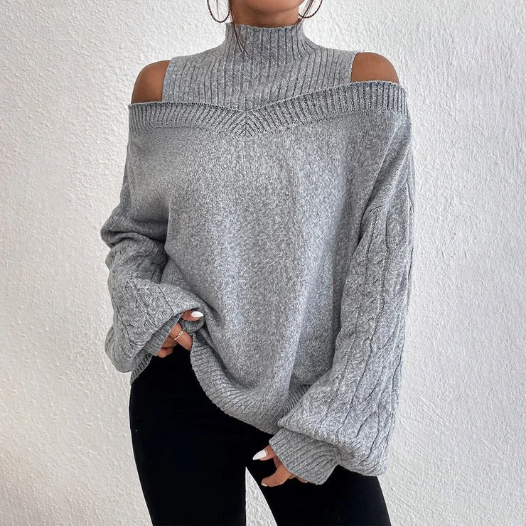 Gray Cold Shoulder Mock Neck Cable Knit Sweater