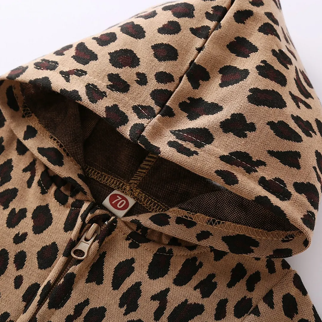 Infant Baby Girls Boys Leopard Print Hooded Romper Toddler Long Sleeve Front Pockets Jumpsuit Baby Loose Playsuit