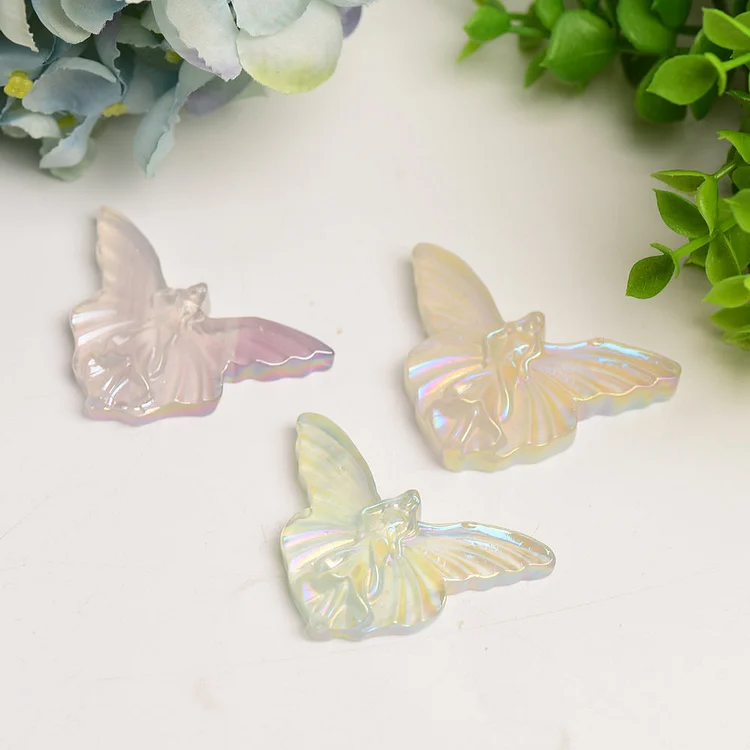 2.3" Aura Clear Quartz Butterfly Crystal Carving