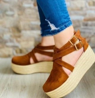 Summer Women's Vintage Wedge Heel Sandals Woman Buckle Strap Straw Thick Bottom Platform Flats Female Flock Ankle Straps Shoes