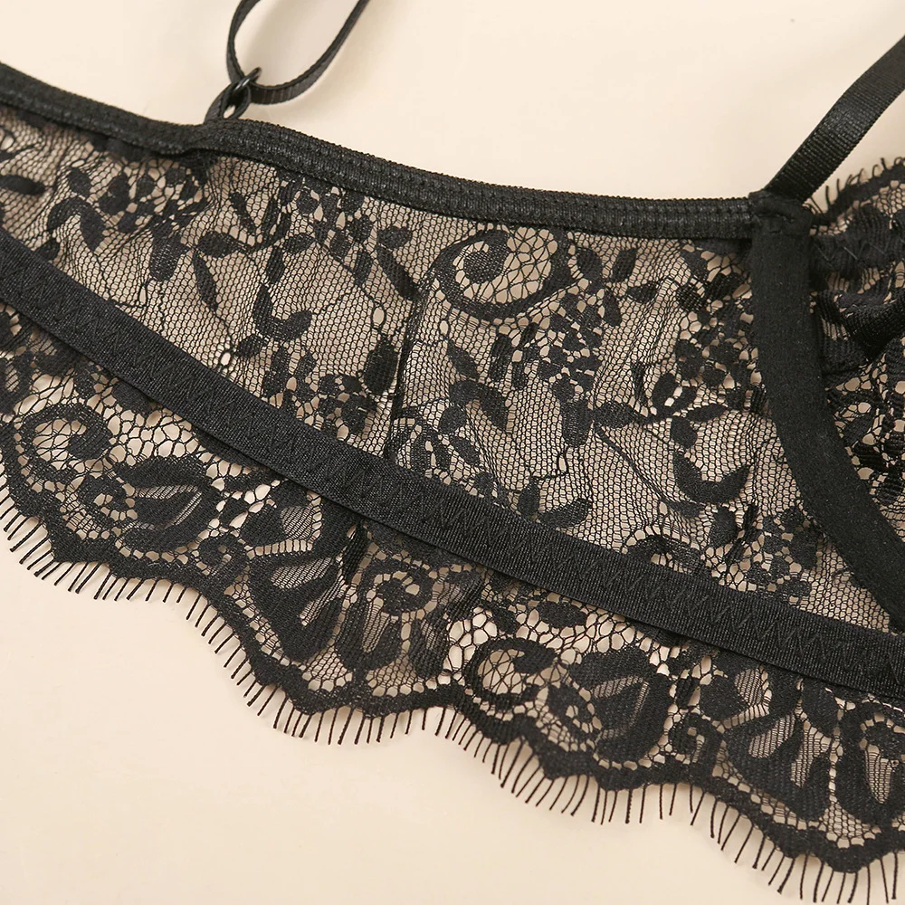 Billionm SexeLakas Sexy Underwear Set Women Lace Hollow Lingerie 3 Pieces Porno Intimates Set Gathered Bra Transparent Brief T Back Thong