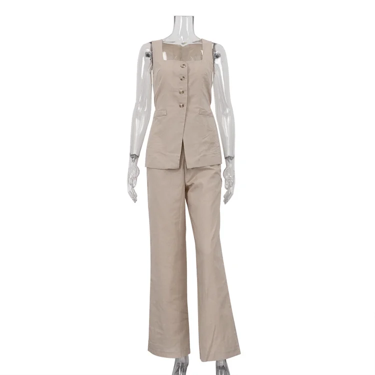 Cotton Linen Commuter Sleeveless Square Collar Lace Up Vest Jacket High Waist Wide Leg Pants Suit