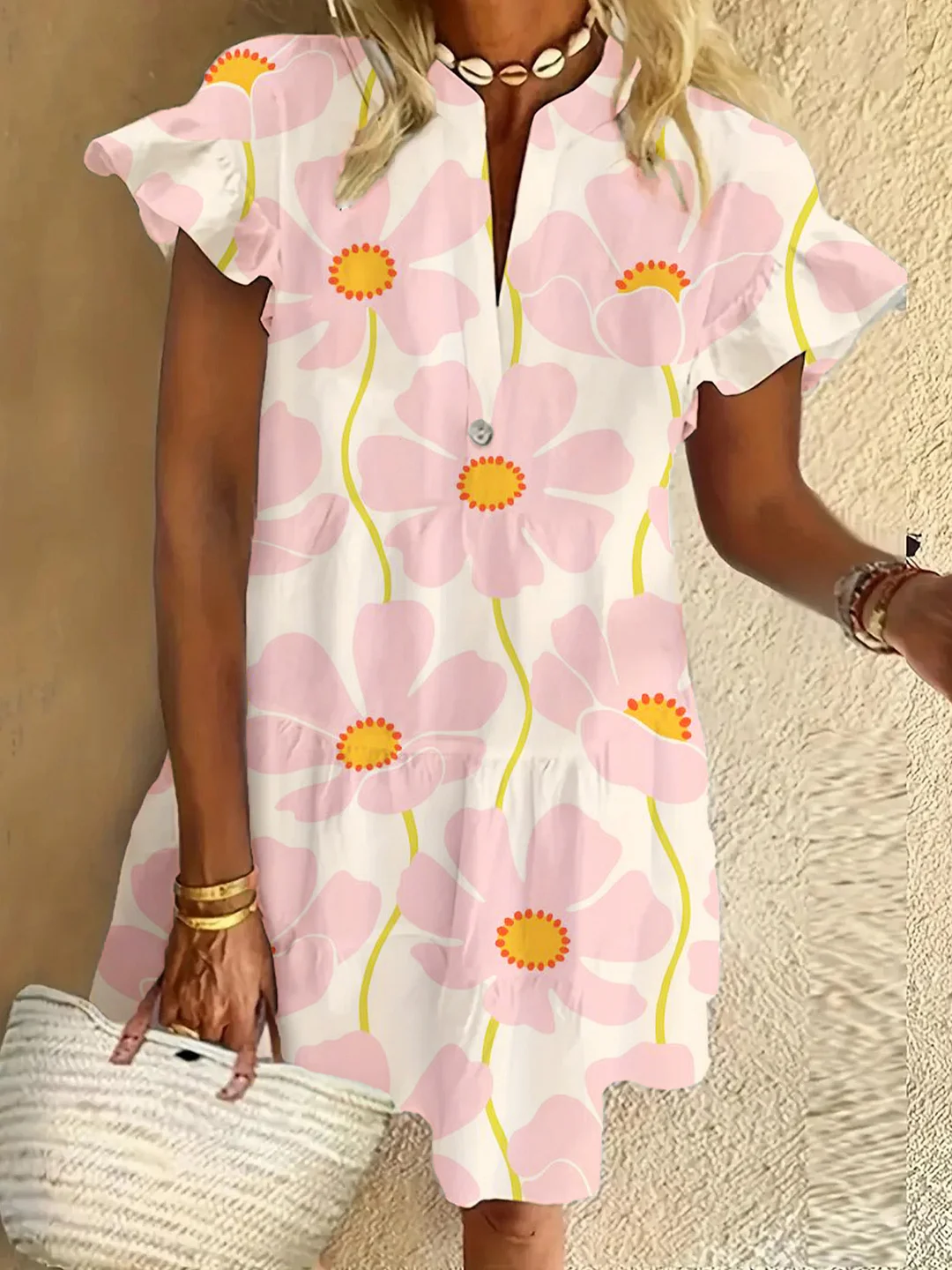 Flower Ruffled Short-sleeved V-neck Buttoned Dress Vacation Beach Dress
