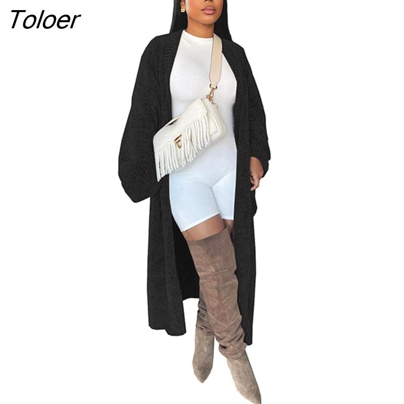 Toloer Cardigan For Women Knitted Warm Solid Full Sleeve Extra Long Coat Top Outwear Open Stitch Loose Casual 2023 Spring New