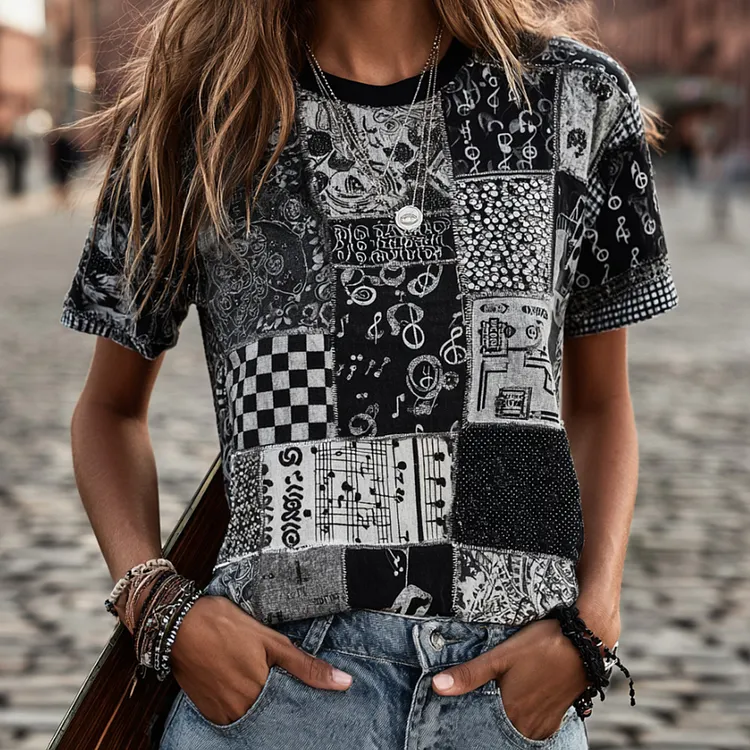 Vintage Hippie Style Music Symbol Black And White Spliced Short Sleeve T-shirt