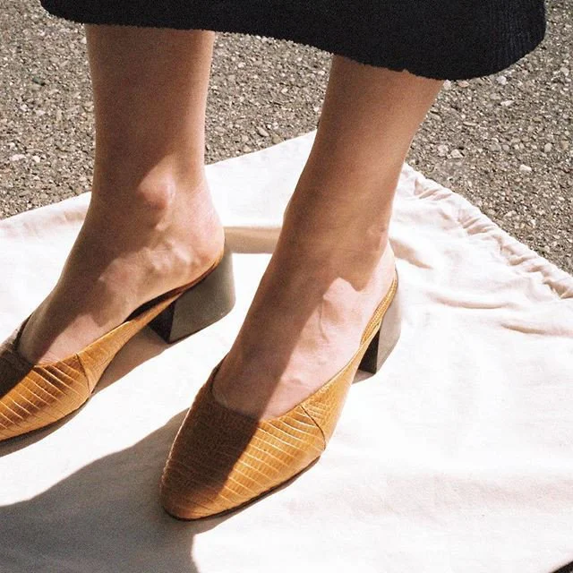 Tan Vintage Shoes Round Toe Low Block Heel Mules for Women |FSJ Shoes