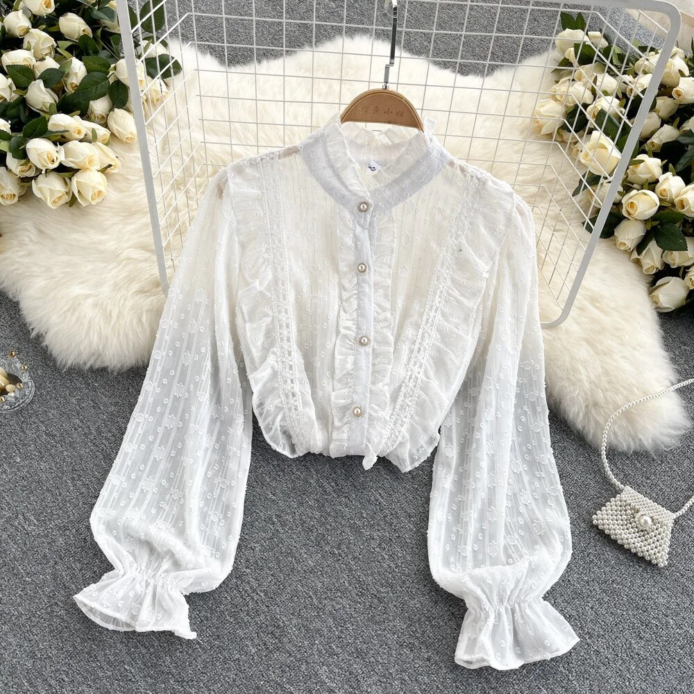 Sweet French Women Blouse Design Ruffles Long Sleeve Stand Collar Casual Loose Tops Autumn Fashion Streetwear Blouses