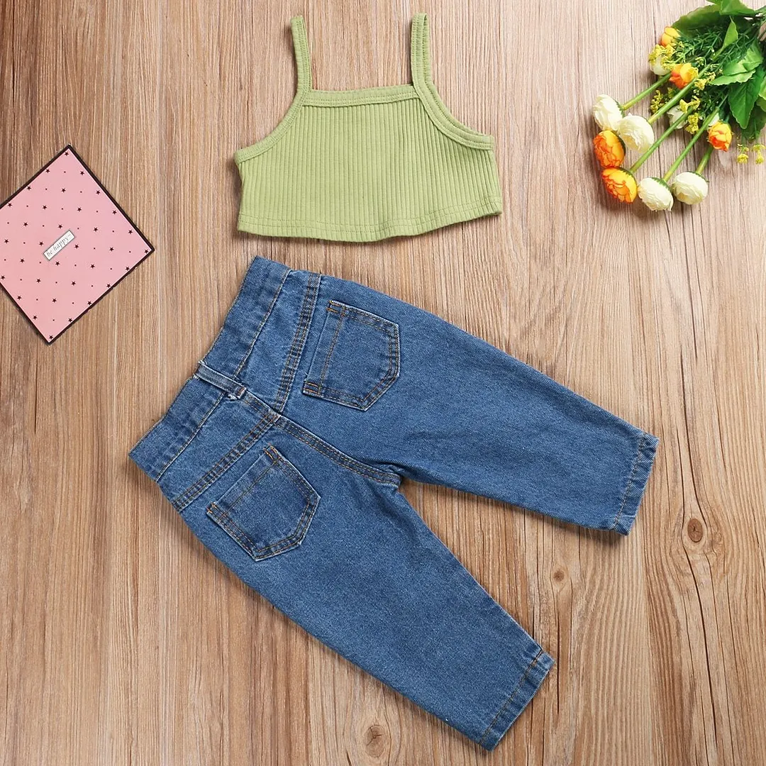 2020 Baby Summer Clothing Kids Baby Girls Fashion 2Pcs Outfit Set Sleeveless Solid Ribbed Crops Top and Ripped Jeans Pants Set