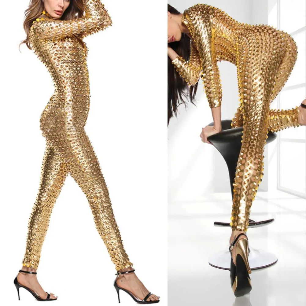 Women Mesh Hole Zipper Faux Patent Leather Tight Jumpsuit Nightclub Bodysuit faux patent leather and one-piece jumpsuit design