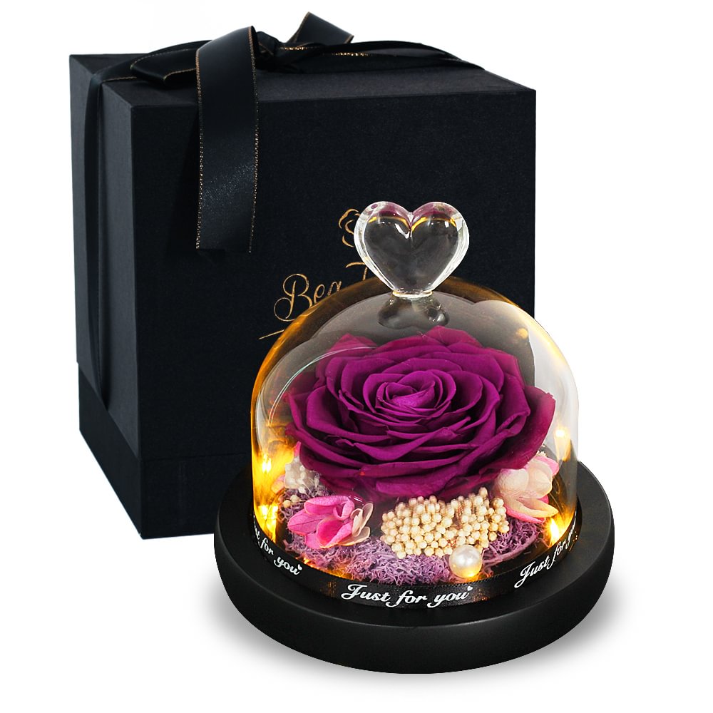 Beatea Purple Preserved Rose In Glass Heart Dome