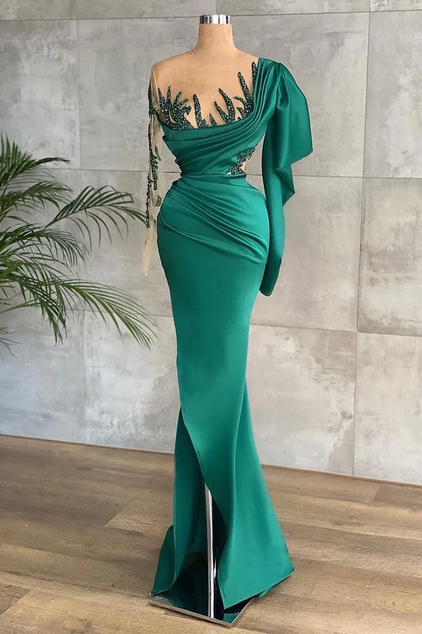 Green Beadings Prom Dress Pleated Long Sleeves With Ruffles ED0611