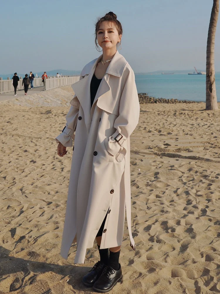 Korean Style Fashion Long Double-Breasted Women Trench Coat Beige Duster Coat for Lady Spring Autumn Female Cloak Outerwear